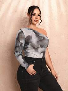SHEIN BAE Plus Size Asymmetrical Sloping Shoulder All-Over Tie-Dye Pattern Mesh See-Through Fungus Long-Sleeved Tight T-Shirt