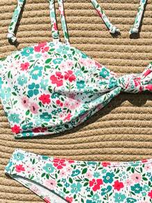 SHEIN Swim 女性迪茨花卉露肩打結性感比基尼套裝，適用於夏季海灘，隨機圖案 - 彩色 - 查看 6