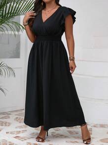 SHEIN VCAY Plus Size Solid Color V-Neck Cross Wrapped Casual Summer Vacation Dress - Black - View 6