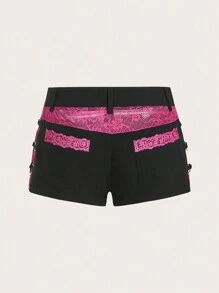 SHEIN ICON Y2k 修身低腰拼色蕾丝拼接透视短裤两侧带金属环装饰夏季黑色短裤低腰短裤狂欢节服装 - 黑色 - 查看 10