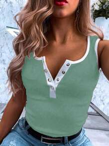 SHEIN LUNE 拼色凸角領V領釦式休閒夏季背心上衣