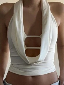 INAWLY Women's Summer Solid Color Draped Neck Hollow Out Sexy Halter Tank Top - White - View 3