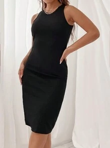 Calvaya 大尺碼女裝純色簡約日常連衣裙 - 黑色 - 查看 5