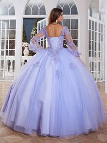 漂亮的紫丁香色長袖蕾絲Quinceanera連衣裙，適合青少年甜15派對，適合女孩公主正式晚禮服，後背綁帶設計 - 紫丁香色 - 查看 2