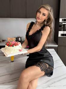 Contrast Lace Ruffle Trim Satin Pajama Nightdress Luxeloungewear - Black - View 1