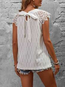 SHEIN LUNE Ladies' Holiday Leisure Solid Color Lace Panel Shirt - Beige - View 1