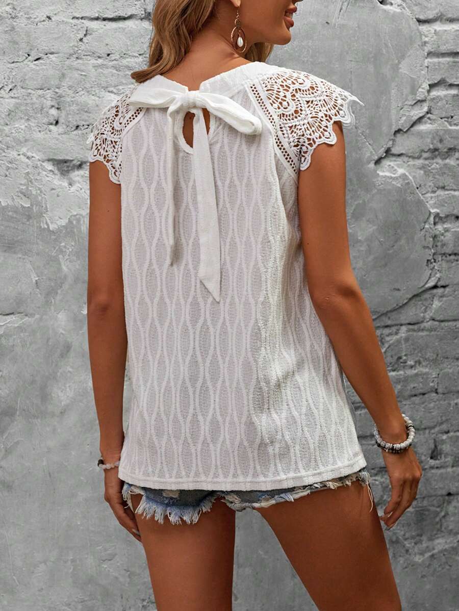 SHEIN LUNE Ladies' Holiday Leisure Solid Color Lace Panel Shirt - Beige - View 1
