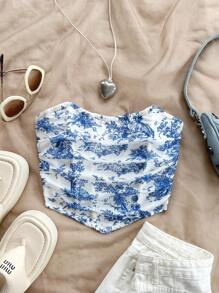 Soleia WYWH Women's Vacation Fishbone Blue & White Floral Printed Bandeau Top