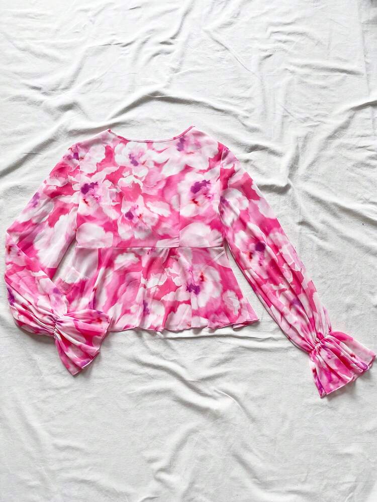 Women's Romantic Floral Tie Dye Print Chiffon Blouse With Deep V-Neck, Front Bow Tie, Lantern Sleeves & Ruffle Cuffs, Ideal For Tea Party, Graduation