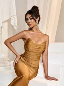 Faeriesty Women Elegant Women's Elegant Strapless Heart-Shaped Neckline Ruched Fishtail Evening Gown - Suitable For Weddings, Red Carpet Events, Formal Dinners And Other Formal Occasions,Summer Holiday Outfits - Brown - View 4