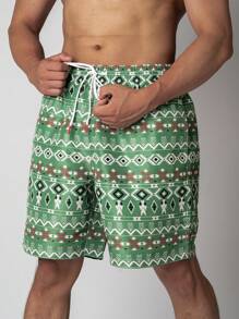 Surfspeed Men's Geometric Printed Drawstring Waist Loose Fit Beach Shorts For Vacation - Green - View 6