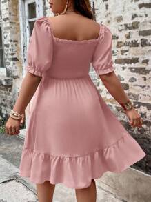SHEIN LUNE Vestido veraniego de manga corta holgado de talla grande con mangas abullonadas y unicolor - Rosa - Ver 2