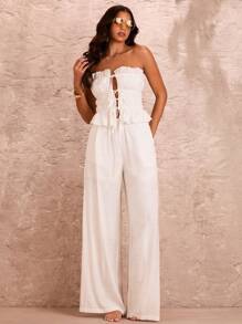 SHEIN BAE Summer White High Waist Wide Leg Pants With Pockets, Suitable For Beach Vacation, Romantic Date And Daily - White - View 4