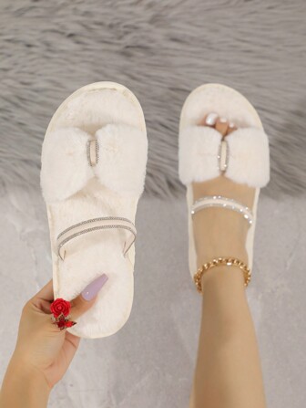 New Arrival 2025 Spring, Summer, Autumn, Winter Fashion Faux Fur Bling-Bling Bow Crystal Decorated Open Toe Comfortable Indoor Fancy Ladies House Slippers,Fluffy Slippers