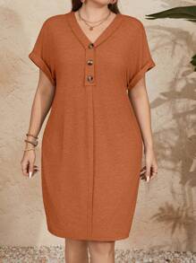 大尺碼純色蝙蝠袖假期休閒裙 - 棕色 - 查看 4