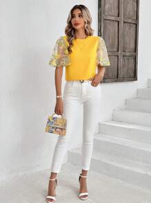 SHEIN Clasi Elegant Ladies' Yellow Embroidered Patchwork Ruffle Sleeve Blouse