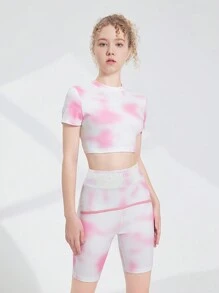SHEIN Teen Girl Tie Dye Top cu mâneci scurte și pantaloni scurți Set sport de vară