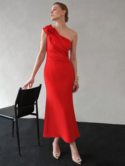 MOTF PREMIUM SOLID ONE SHOULDER STEREO FLOWER RUCHED BODICE MERMAID HEM DRESS,HOLIDAY PARTY BIRTHDAY FORMAL EVENING OCCASSION