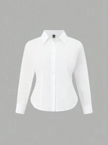 SHEIN EZwear Áo sơ mi đi lại bằng cotton màu trắng cỡ lớn - trắng - Xem 5