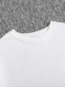 SHEIN Bộ áo thun và quần short dệt kim màu trắng cho cô gái tuổi teen, trang phục thường ngày đơn giản với miếng dán nhãn dệt phía sau, 2 chiếc - trắng - Xem 6