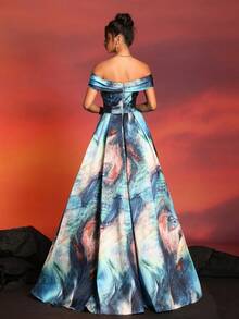 新款露肩缎面印花高端正式晚礼服优雅鸡尾酒会半正式舞会婚礼宾客礼服，适合生日、毕业典礼、返校节派对礼服 - 藏蓝色 - 查看 3