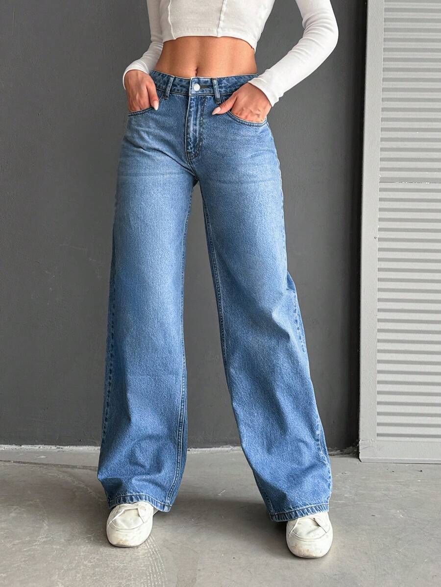 EURMUSE Low Waist Wide Leg Medium Wash - Light Wash - View 1