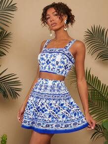 Travachic Conjunto de crop top tejido y falda estampada para vacaciones
