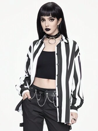 Goth Camisa holgada de mujer casual con rayas anchas de estilo gótico para el trabajo, la escuela
