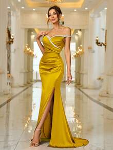 New Spring/Summer Off-The-Shoulder Ruched High Slit Fishtail Hem Evening Gown - Mustard Yellow - View 5