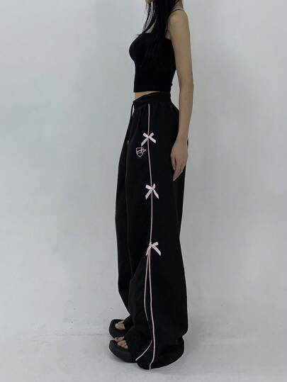 DAZY 女士纯色简约日常长裤，带蝴蝶结装饰 Y2k 夏季
