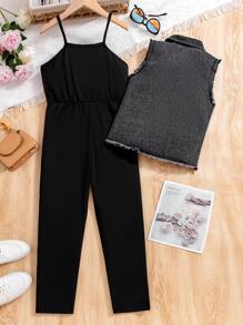 Tween Girls 2 件套夏季服装 - 纯色原始下摆背心、休闲背心和字母吊带连体裤