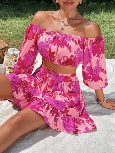 SHEIN VCAY Vacation Woven Floral Printed Off Shoulder Lantern Sleeve Crop Top & High-Waist Loose Ruffle Hem Skirt Summer Women's Two Piece Skirt Set,Back To School Outfits ,Dress To Impress 25 Styles