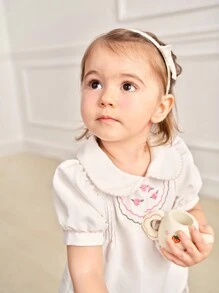 SHEIN Sommerliches Set für Baby Mädchen mit süßem Blumen besticktem Puffärmel Top und kleinen Blümchen bedruckten Shorts - Weiss - Übersicht 3