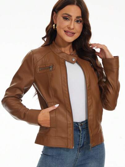 Zip Up PU Leather Jacket,Ladies Casual Zipper Regular Sleeve Stand Collar Slim Fit Camel Polyurethane Plain Women Jackets,Fall/Winter,Casual Daily Wear