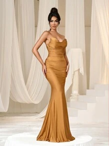 Faeriesty Women Elegant Women's Elegant Strapless Heart-Shaped Neckline Ruched Fishtail Evening Gown - Suitable For Weddings, Red Carpet Events, Formal Dinners And Other Formal Occasions,Summer Holiday Outfits - Brown - View 8