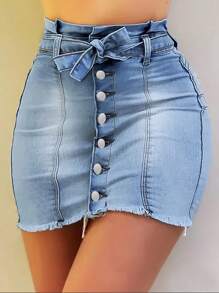 Paper Bag Waist Tie Up Bodycon Denim Skirt - Light Wash - View 4
