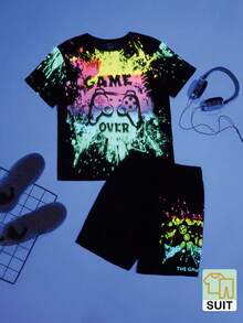 SHEIN Tween Reflective Gamepad & Splash Ink Print Tee & Shorts, Neon Glow Party Outfit - Multicolor - View 7
