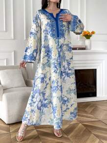 Al Najma Damen elegantes Kleid mit langem Glockenärmel und Blumenmuster, Frühling/Sommer, Kaftan
