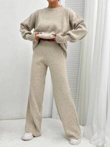 EURMUSE Women's Loose Casual Sweater Two-Piece Set - Beige - View 3