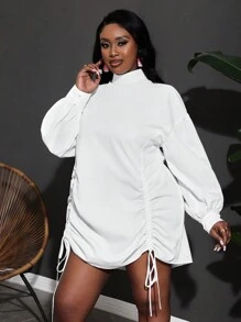 Slaydiva 优雅通勤派对宽松纯白色长袖立领迷你连衣裙下摆抽绳调节女装秋季-E