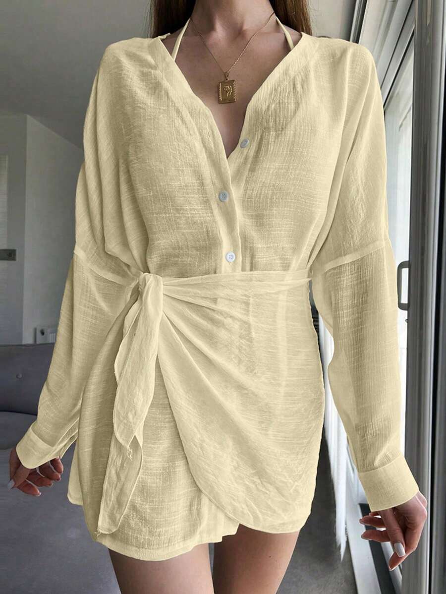 Áo khoác dài tay đơn giản hàng ngày màu trơn cho nữ mùa hè - Màu be - Xem 1