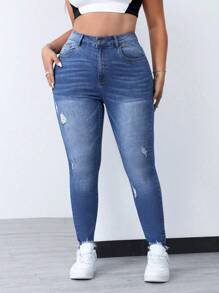 SHEIN EZwear 大尺碼夏季休閒修身磨損牛仔褲 - 藍色 - 查看 5