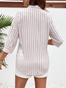 SHEIN 孕妇户外轻质纽扣式哺乳衬衫 - 卡其色 - 查看 2