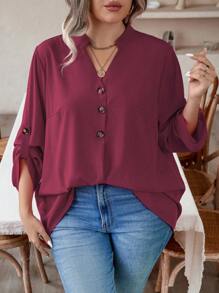 SHEIN LUNE Áo sơ mi nữ cỡ lớn màu trơn dáng rộng với tay áo dài xắn lên, cổ chữ V có khía cho mùa xuân hè - Màu Đỏ Sâu - Xem 5