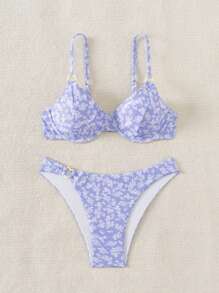 SHEIN Swim Women's Summer Beach Ditsy Floral Sexy Two-Piece Bikini Swimwear Set - Multicolor - View 5