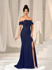 Faeriesty Shiny Off-Shoulder High-Slit Mermaid Hem Formal Party Dress - Navy Blue - View 6
