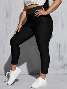 SHEIN Essnce 大码女式夏季休闲运动高腰提臀纹理面料紧身裤和长裤，夏季女装，女式下装，夏季裤子，黑色紧身裤，女式裤子，曲线裤，夏季服装，夏季裤子 - 黑色 - 查看 2