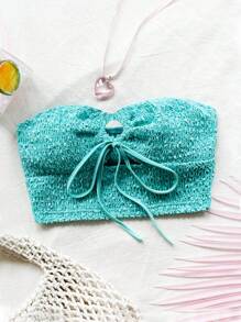 Soleia 女士度假休闲海滩假期毕业季可爱趣味夏季凉爽纹理针织抹胸配弹力肩带露背背心 - 綠色 - 查看 1