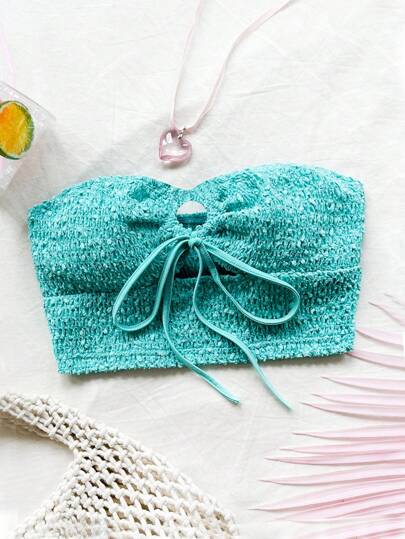 Soleia Women Vacation Leisure Beach Holiday Graduation Season Cute Fun Summer Cooling Textured Knit Tube Top With Elastic Strap Backless Tank