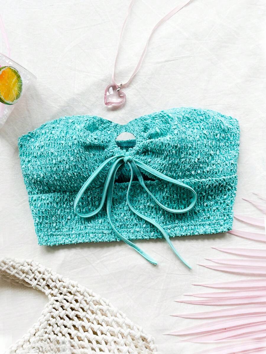 Soleia 女士度假休闲海滩假期毕业季可爱趣味夏季凉爽纹理针织抹胸配弹力肩带露背背心 - 綠色 - 查看 1